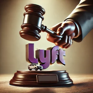 DALL·E 2024 07 11 18.28.23 A high quality image featuring the Lyft branding with a large gavel coming down as if making a lawsuit decision on it. The Lyft logo is prominently di